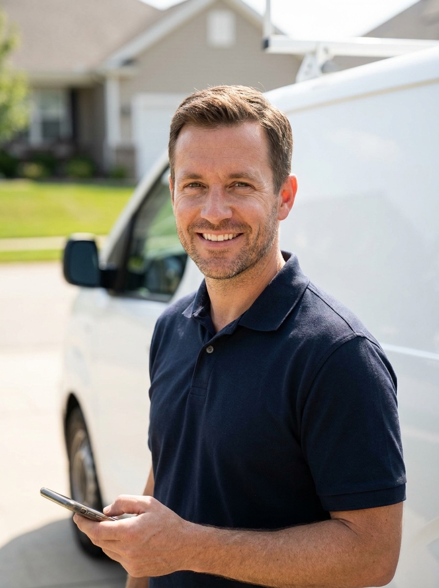 Home-service business owner by his work van