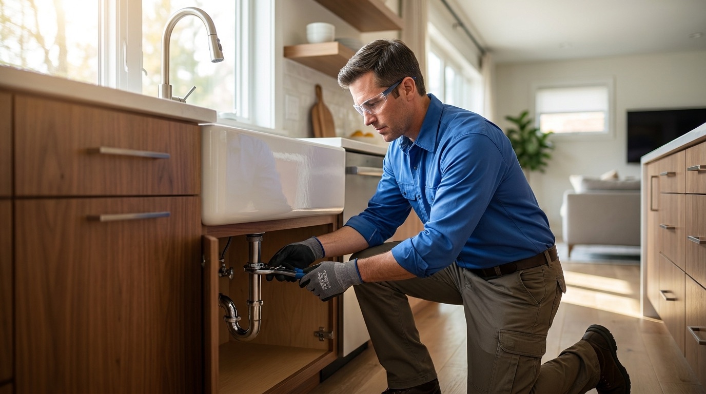 Plumber working under a kitchen sink